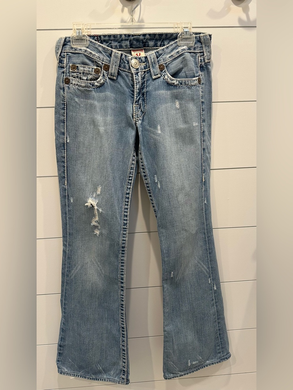 True Religion Vintage Women’s Faded Blue Distressed Bootcut Jeans size 28